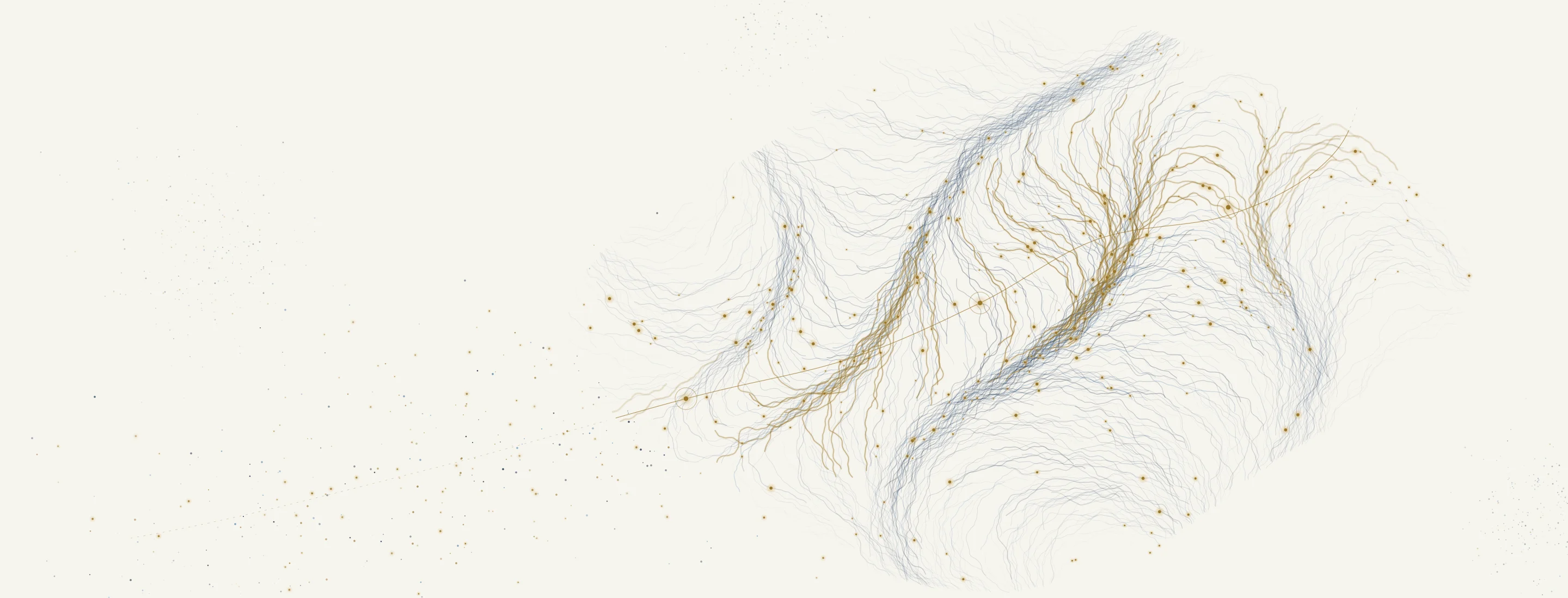 Abstract illustration of interwoven navy and gold threads converging, representing hidden relationships coming together into one system